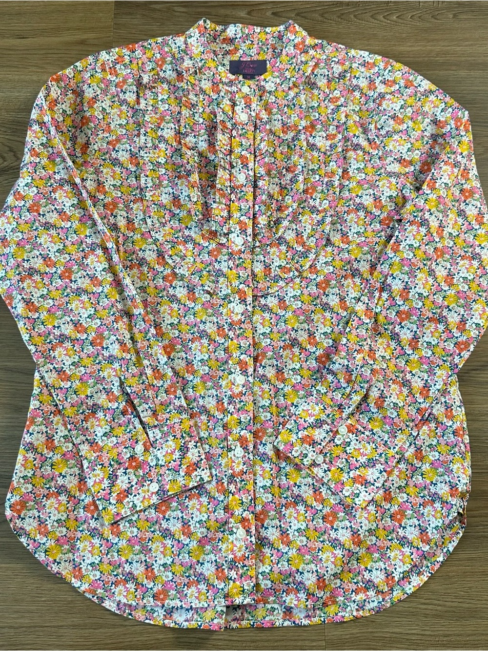J.Crew Liberty Band Collar Ruffle Bib Shirt Size Medium Libby Floral Button Up